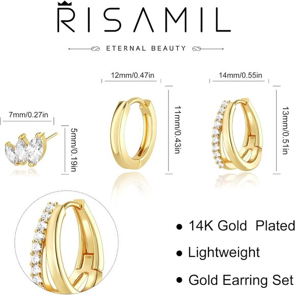 3 Pairs Gold Earrings for Women, Risamil Dainty Small Gold Earring Set 14K Gold - Picture 3 of 8